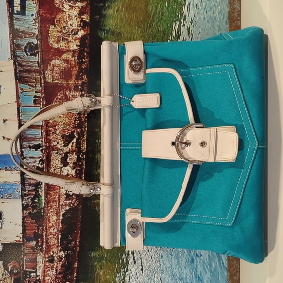 Coach Hampton A043-9367 Canvas and Leather Large Turquoise  And White Satchel - Picture 1 of 16
